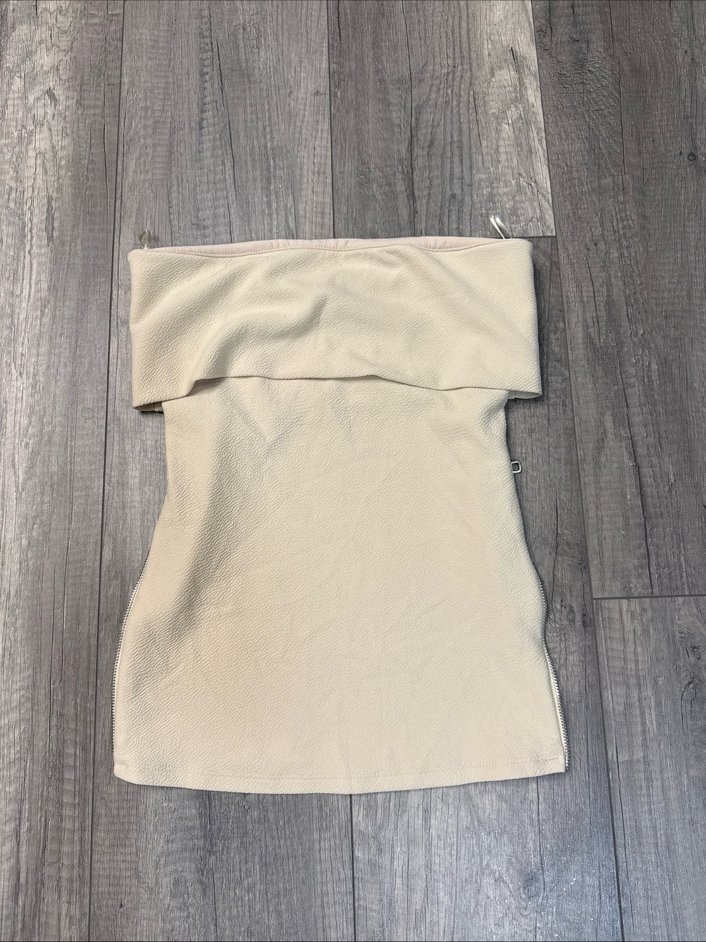 Zara Strapless Fold-Over Cream Tank Top Zipper Detail